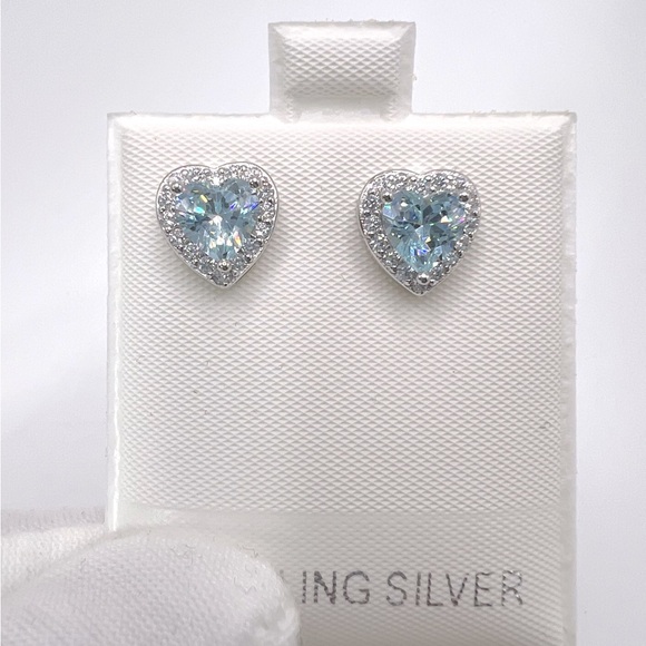 .925 Sterling Silver Aquamarine Cz & Clear Cz Heart Earrings - Picture 8 of 16